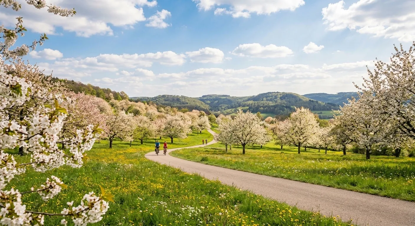 Blühende Streuobstwiese im Frühling, dazwischen ein Radweg
