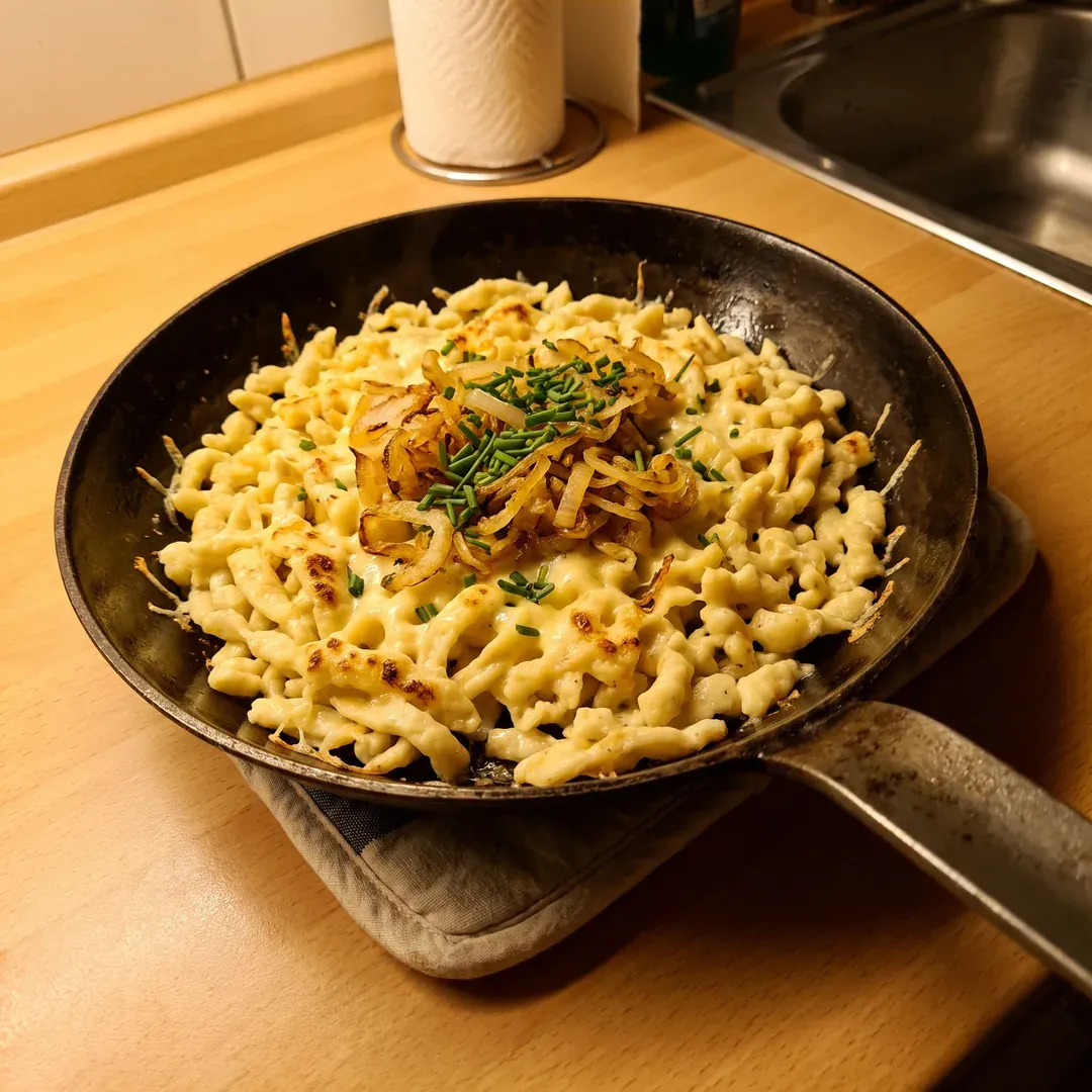 Käsespätzle mit Röstzwiebeln und Schnittlauch in einer schwarzen Eisenpfanne auf der Küchenarbeitsplatte