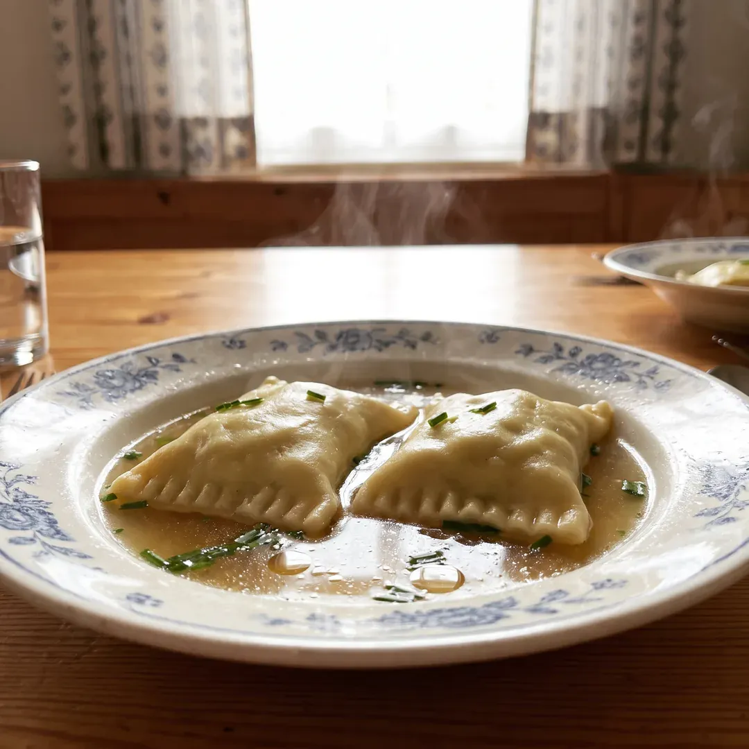 Zwei dampfende Maultaschen in der Brühe, auf einem blau geblümten Teller vor dem Küchenfenster