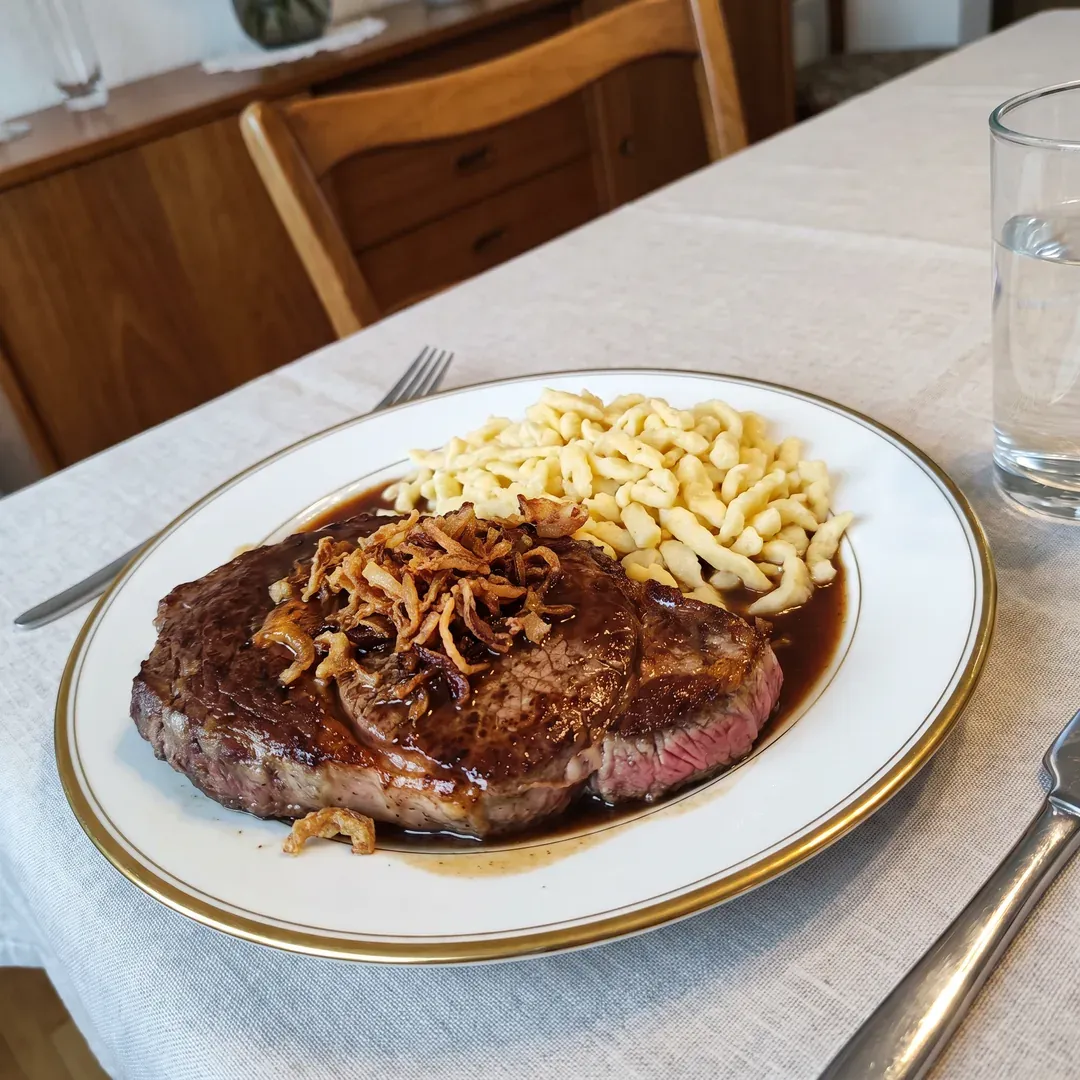 Zwiebelrostbraten mit Spätzle auf einem Teller mit Goldrand, gedeckter Esstisch